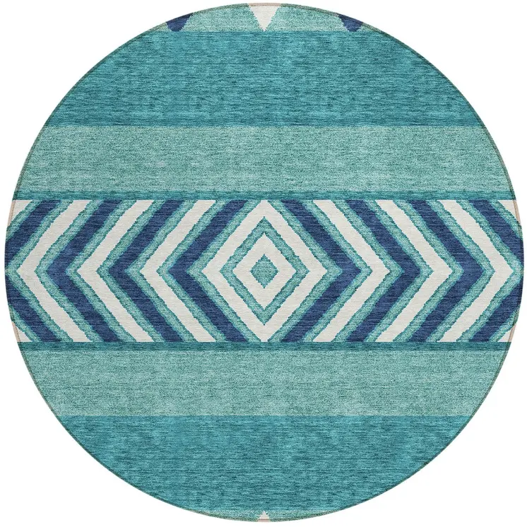 8' Teal Blue Navy Blue And Ivory Round Southwestern Washable Indoor Outdoor Area Rug