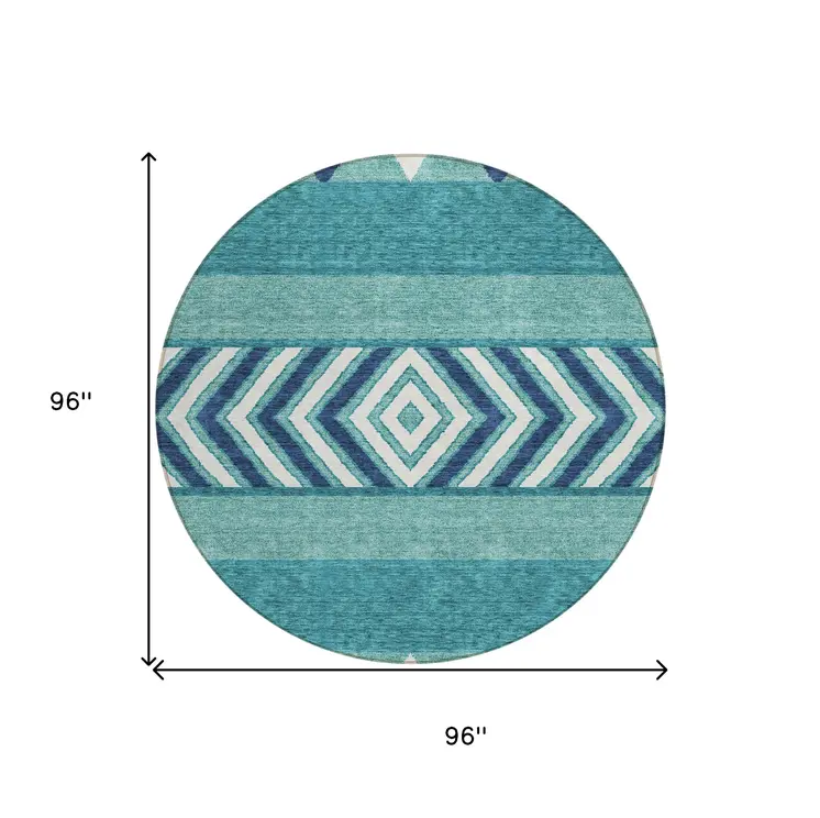 8' Teal Blue Navy Blue And Ivory Round Southwestern Washable Indoor Outdoor Area Rug