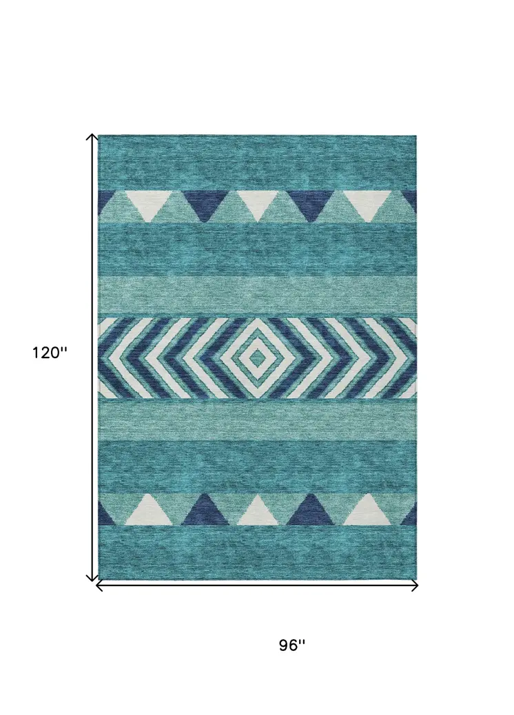 8' X 10' Teal Blue Navy Blue And Ivory Southwestern Washable Indoor Outdoor Area Rug