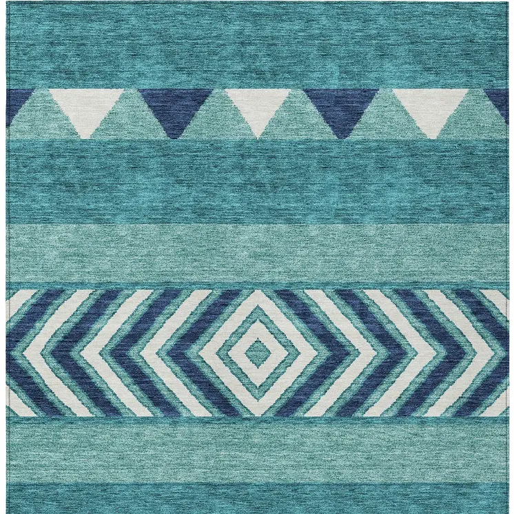 9' X 12' Teal Blue Navy Blue And Ivory Southwestern Washable Indoor Outdoor Area Rug