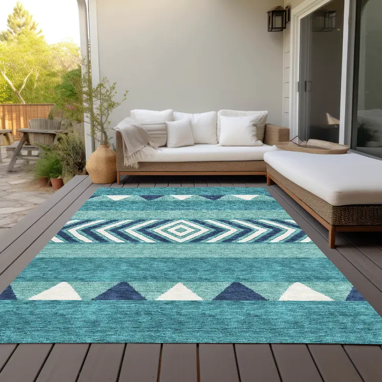 9' X 12' Teal Blue Navy Blue And Ivory Southwestern Washable Indoor Outdoor Area Rug
