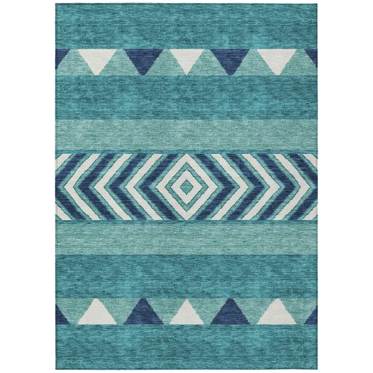9' X 12' Teal Blue Navy Blue And Ivory Southwestern Washable Indoor Outdoor Area Rug