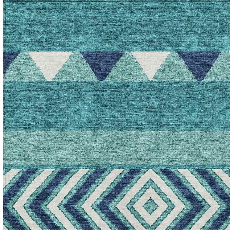 9' X 12' Teal Blue Navy Blue And Ivory Southwestern Washable Indoor Outdoor Area Rug