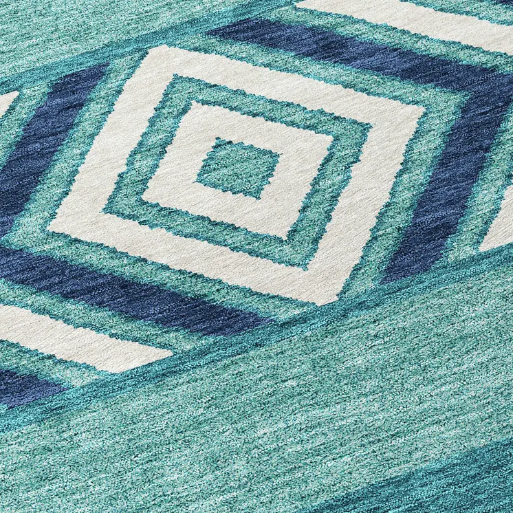 9' X 12' Teal Blue Navy Blue And Ivory Southwestern Washable Indoor Outdoor Area Rug