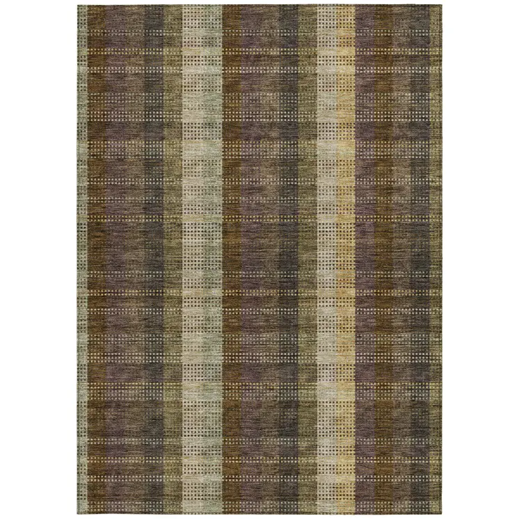 3' X 5' Brown Taupe And Plum Plaid Washable Indoor Outdoor Area Rug