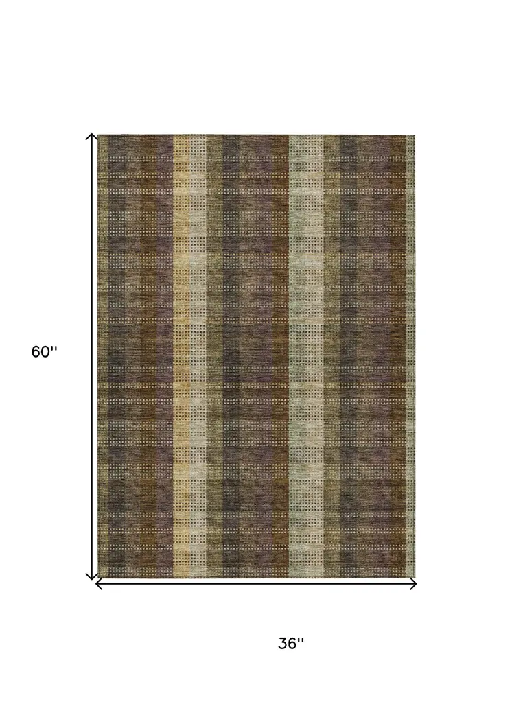 3' X 5' Brown Taupe And Plum Plaid Washable Indoor Outdoor Area Rug