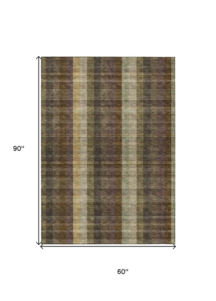 5' X 8' Brown Taupe And Plum Plaid Washable Indoor Outdoor Area Rug