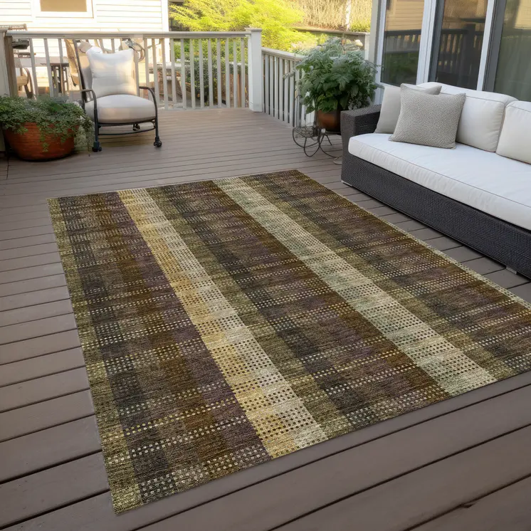 9' X 12' Brown Taupe And Plum Plaid Washable Indoor Outdoor Area Rug