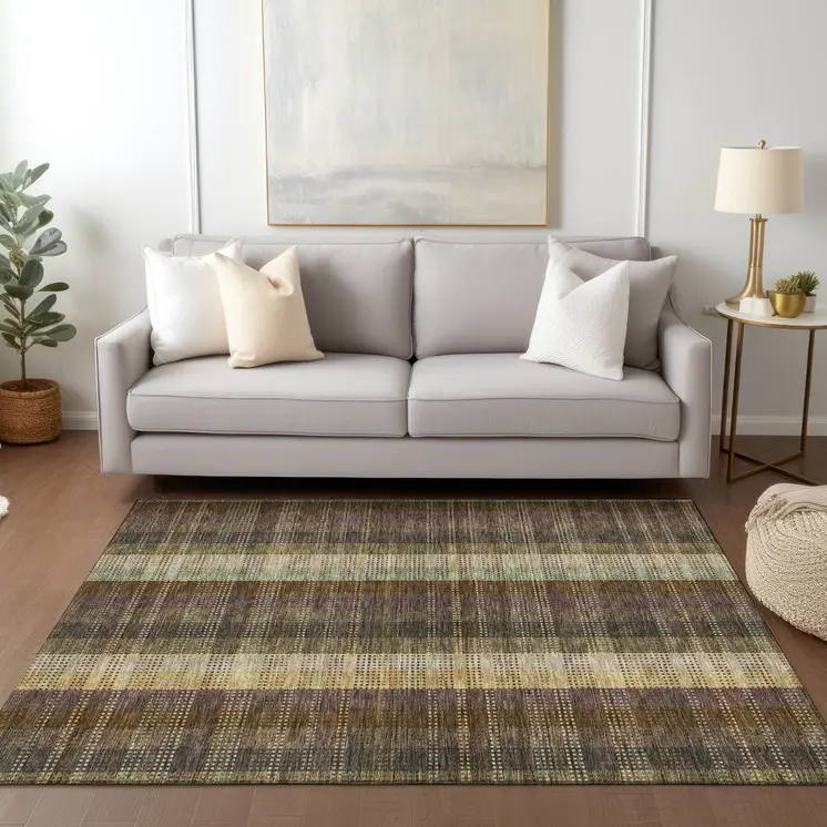 10' X 14' Brown Taupe And Plum Plaid Washable Indoor Outdoor Area Rug
