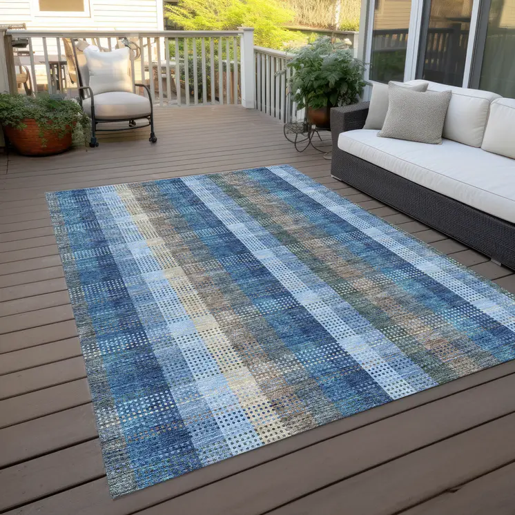 3' X 5' Denim Blue Sky Blue And Beige Plaid Washable Indoor Outdoor Area Rug