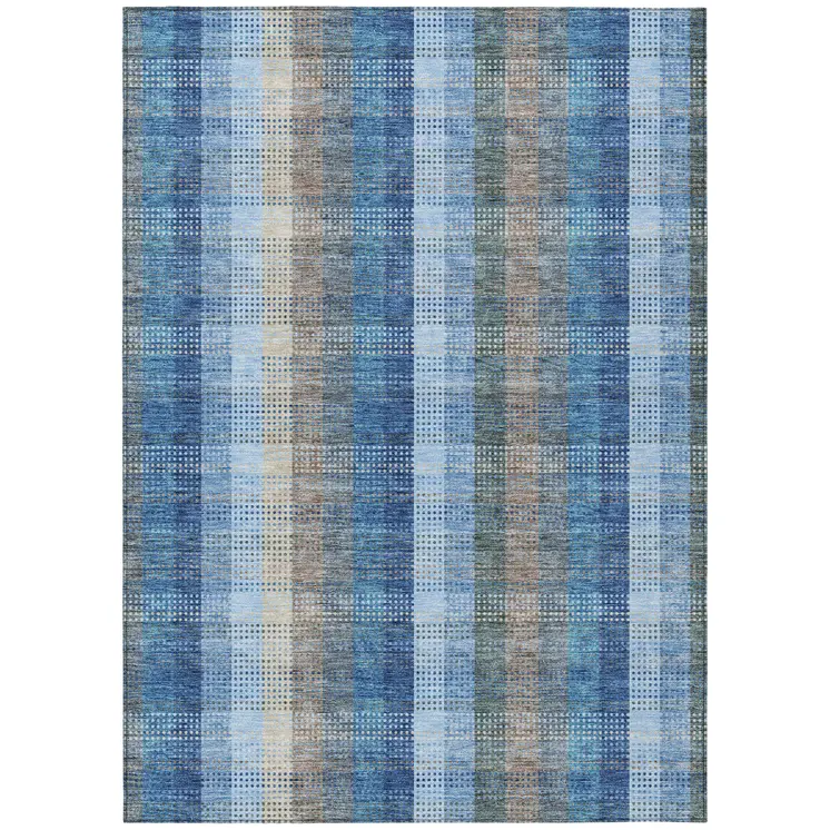 3' X 5' Denim Blue Sky Blue And Beige Plaid Washable Indoor Outdoor Area Rug