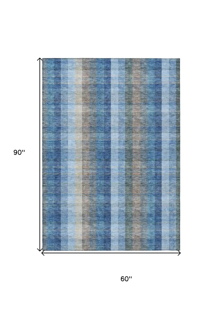 5' X 8' Denim Blue Sky Blue And Beige Plaid Washable Indoor Outdoor Area Rug