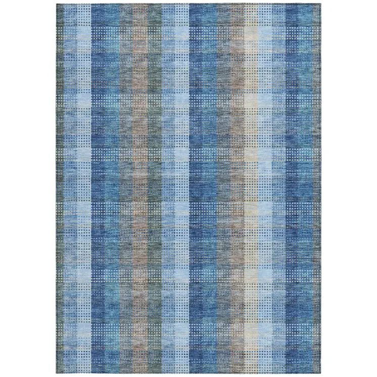 5' X 8' Denim Blue Sky Blue And Beige Plaid Washable Indoor Outdoor Area Rug