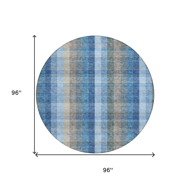 8' Denim Blue Sky Blue And Beige Round Plaid Washable Indoor Outdoor Area Rug