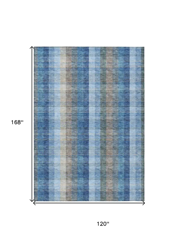 10' X 14' Denim Blue Sky Blue And Beige Plaid Washable Indoor Outdoor Area Rug