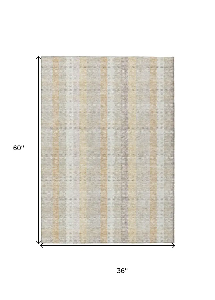 3' X 5' Ivory Beige And Tan Plaid Washable Indoor Outdoor Area Rug