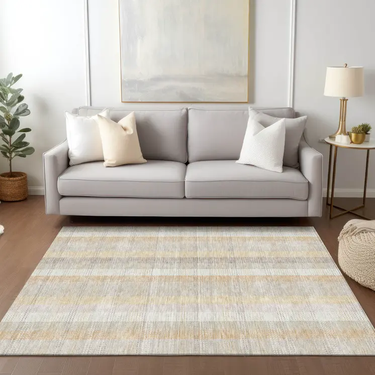 3' X 5' Ivory Beige And Tan Plaid Washable Indoor Outdoor Area Rug