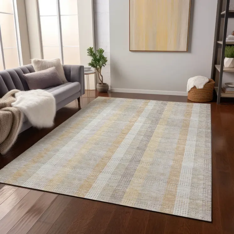 3' X 5' Ivory Beige And Tan Plaid Washable Indoor Outdoor Area Rug