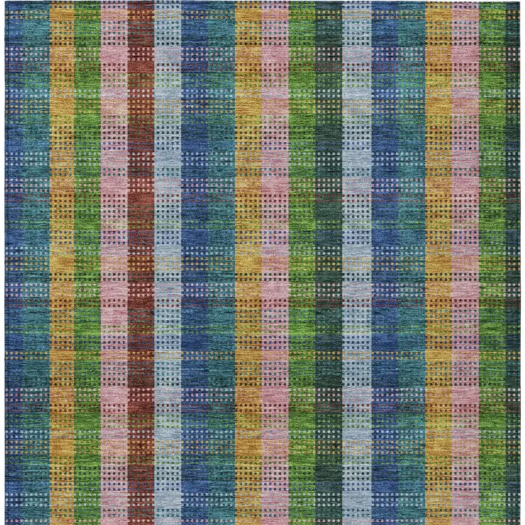 3' X 5' Navy Blue Pink And Sage Plaid Washable Indoor Outdoor Area Rug