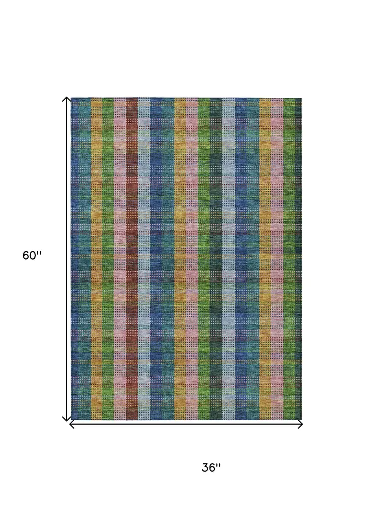 3' X 5' Navy Blue Pink And Sage Plaid Washable Indoor Outdoor Area Rug
