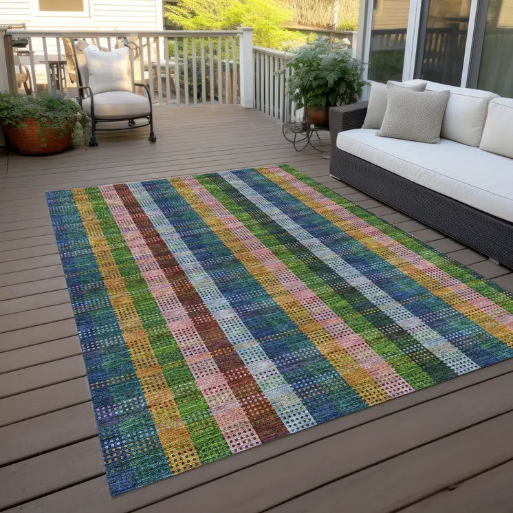3' X 5' Navy Blue Pink And Sage Plaid Washable Indoor Outdoor Area Rug
