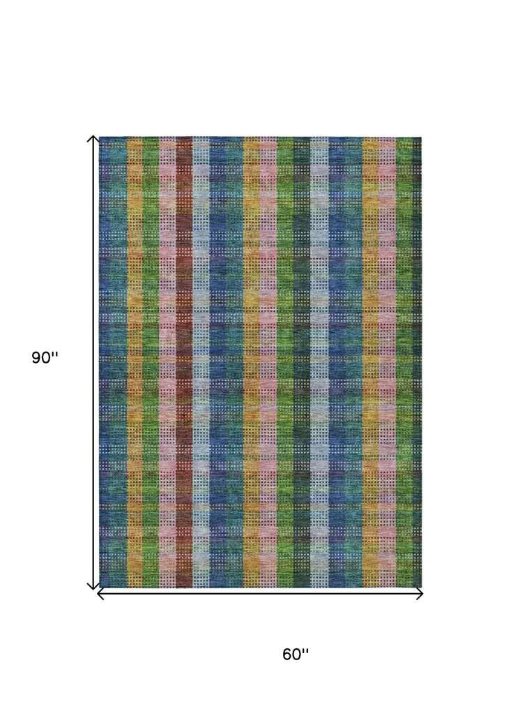 5' X 8' Navy Blue Pink And Sage Plaid Washable Indoor Outdoor Area Rug