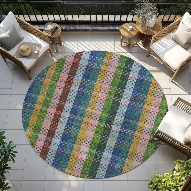 8' Navy Blue Pink And Sage Round Plaid Washable Indoor Outdoor Area Rug
