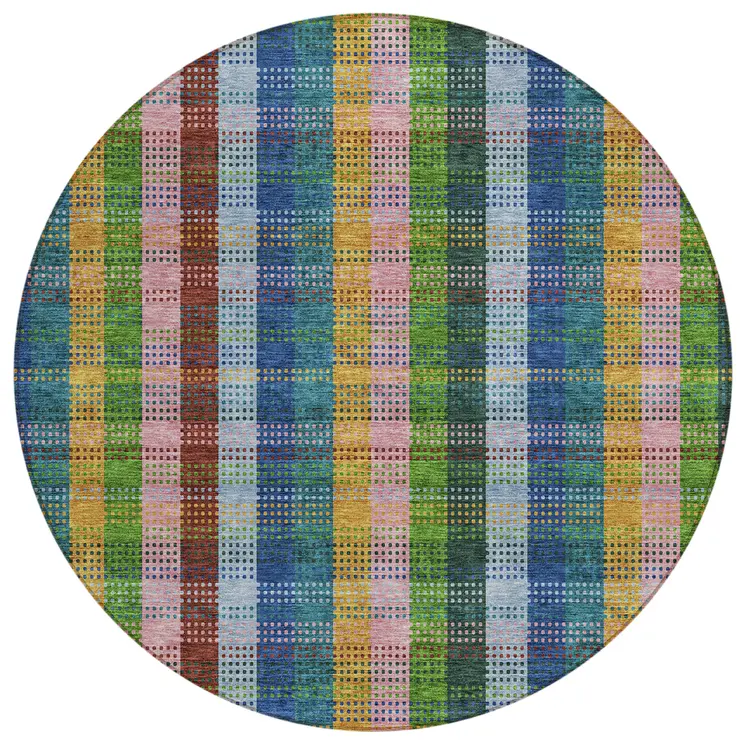 8' Navy Blue Pink And Sage Round Plaid Washable Indoor Outdoor Area Rug
