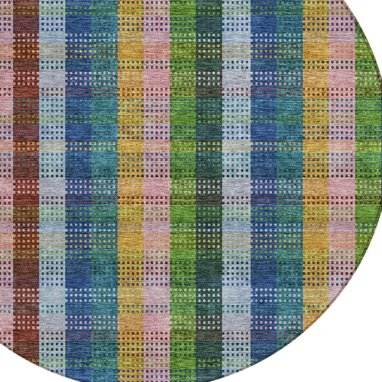 8' Navy Blue Pink And Sage Round Plaid Washable Indoor Outdoor Area Rug