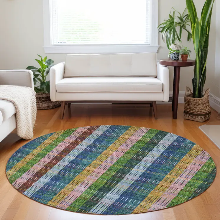 8' Navy Blue Pink And Sage Round Plaid Washable Indoor Outdoor Area Rug