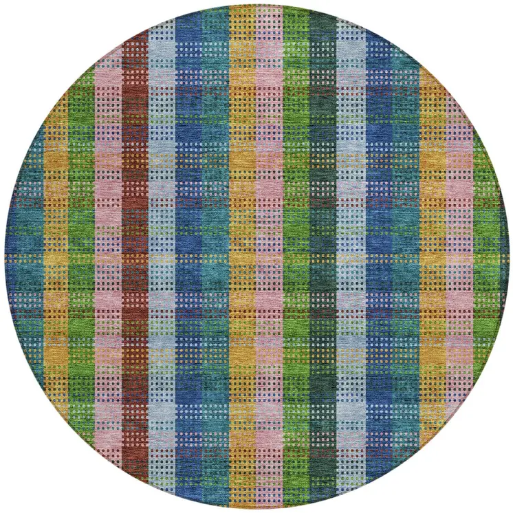 8' Navy Blue Pink And Sage Round Plaid Washable Indoor Outdoor Area Rug