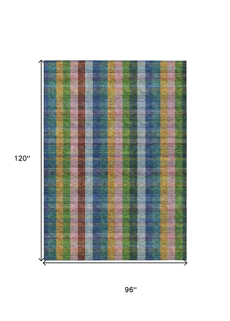8' X 10' Navy Blue Pink And Sage Plaid Washable Indoor Outdoor Area Rug