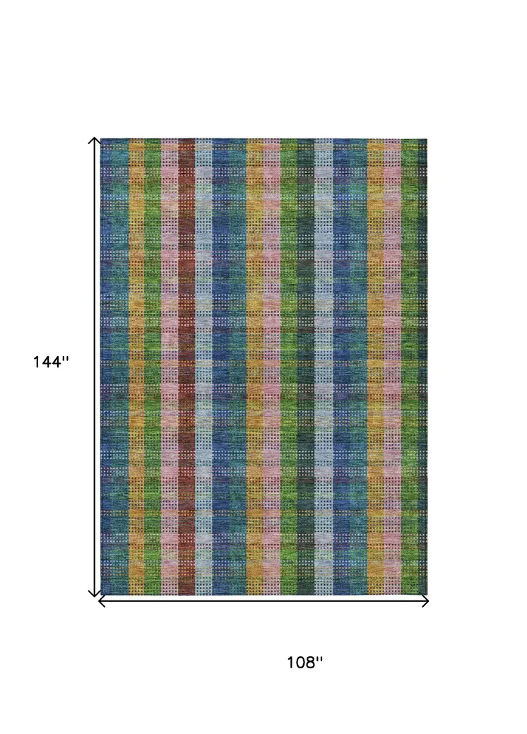 9' X 12' Navy Blue Pink And Sage Plaid Washable Indoor Outdoor Area Rug