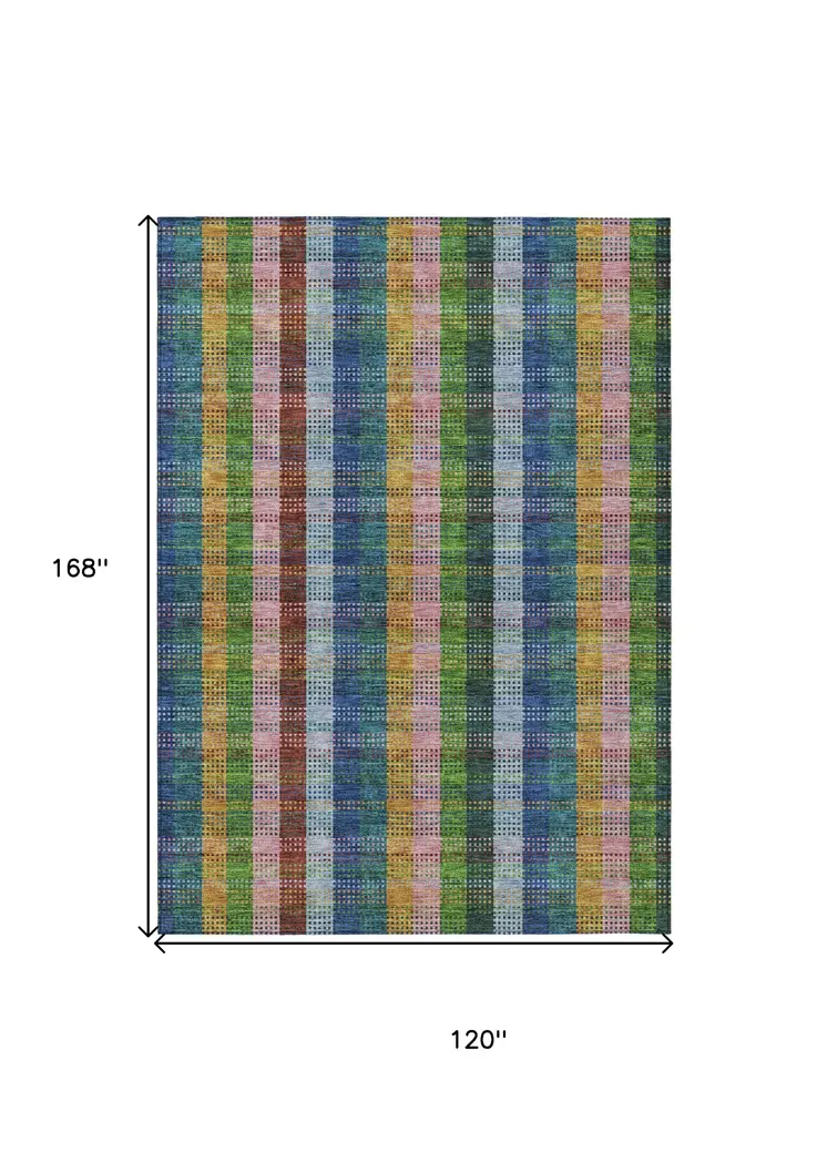 10' X 14' Navy Blue Pink And Sage Plaid Washable Indoor Outdoor Area Rug
