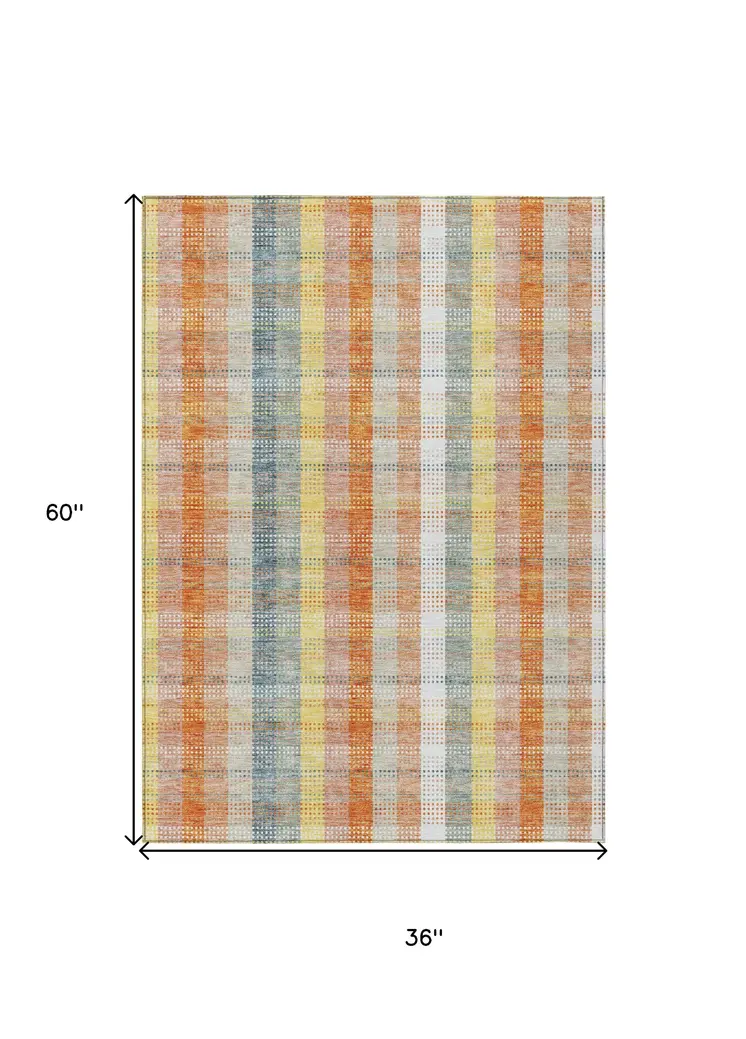 3' X 5' Peach Ivory And Orange Plaid Washable Indoor Outdoor Area Rug