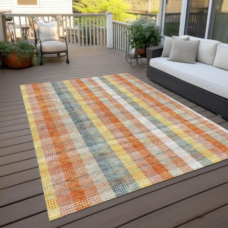 3' X 5' Peach Ivory And Orange Plaid Washable Indoor Outdoor Area Rug