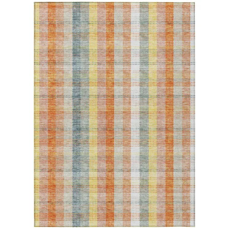 3' X 5' Peach Ivory And Orange Plaid Washable Indoor Outdoor Area Rug