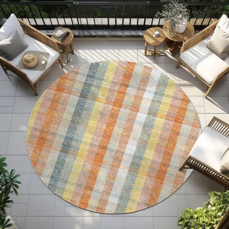 8' Peach Ivory And Orange Round Plaid Washable Indoor Outdoor Area Rug
