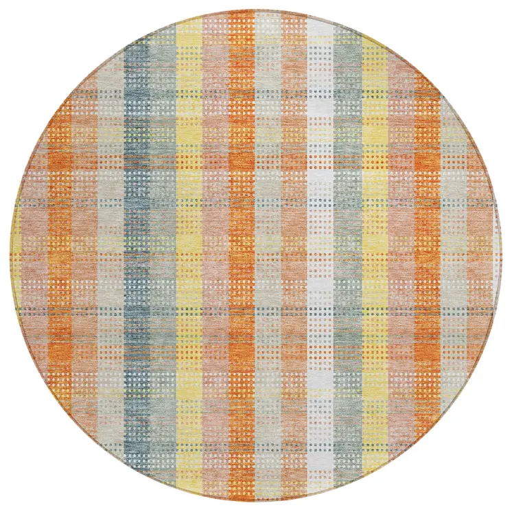 8' Peach Ivory And Orange Round Plaid Washable Indoor Outdoor Area Rug