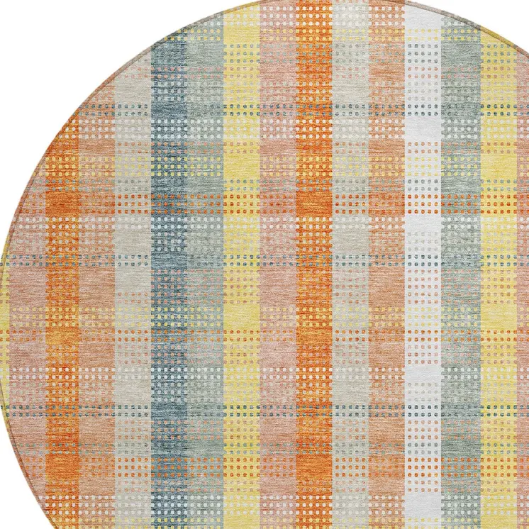 8' Peach Ivory And Orange Round Plaid Washable Indoor Outdoor Area Rug