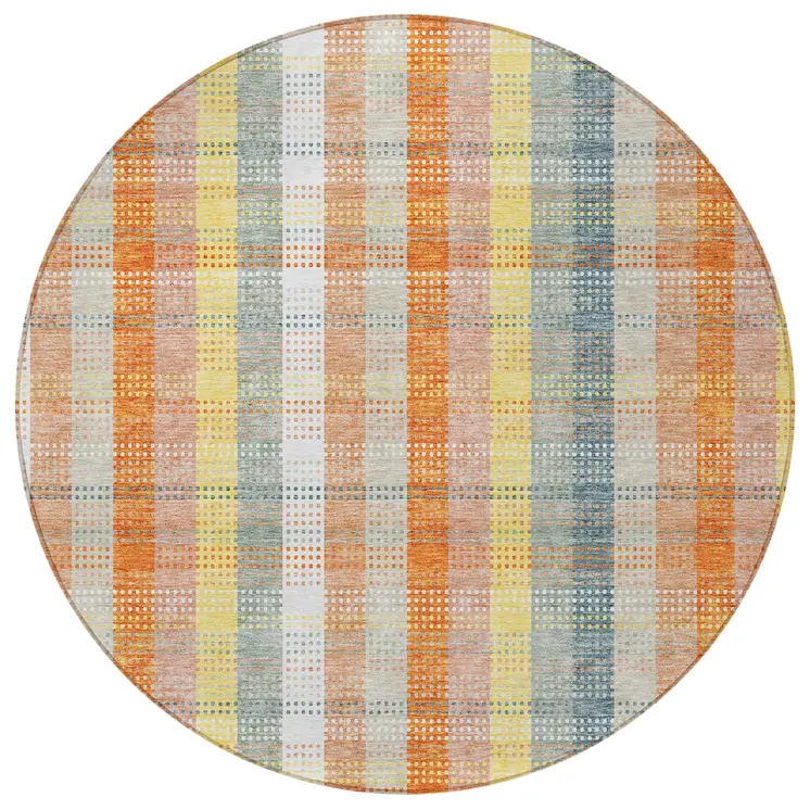 8' Peach Ivory And Orange Round Plaid Washable Indoor Outdoor Area Rug
