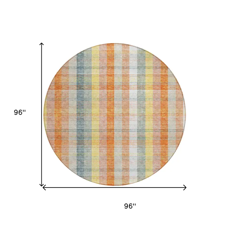 8' Peach Ivory And Orange Round Plaid Washable Indoor Outdoor Area Rug