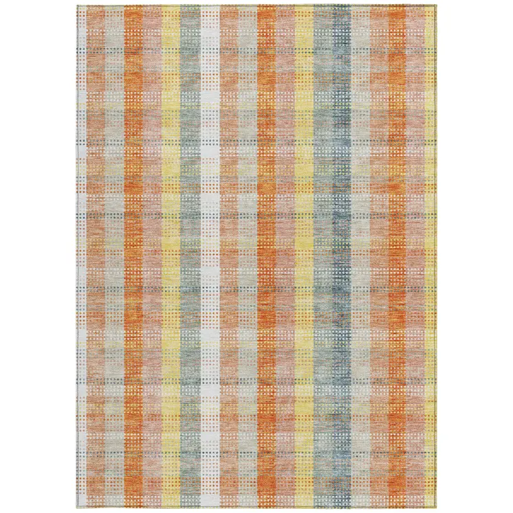8' X 10' Peach Ivory And Orange Plaid Washable Indoor Outdoor Area Rug