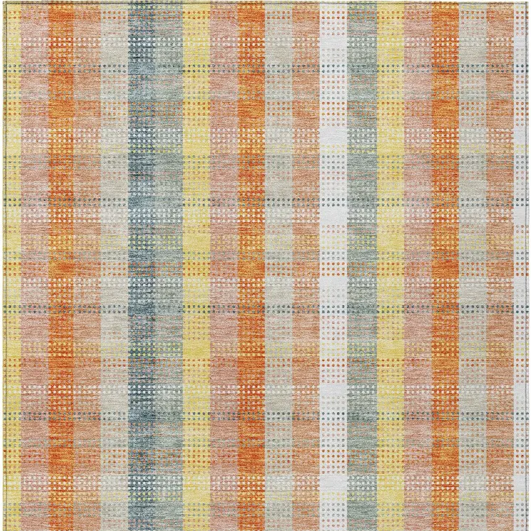 9' X 12' Peach Ivory And Orange Plaid Washable Indoor Outdoor Area Rug