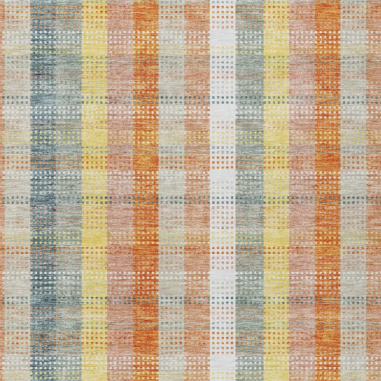 9' X 12' Peach Ivory And Orange Plaid Washable Indoor Outdoor Area Rug
