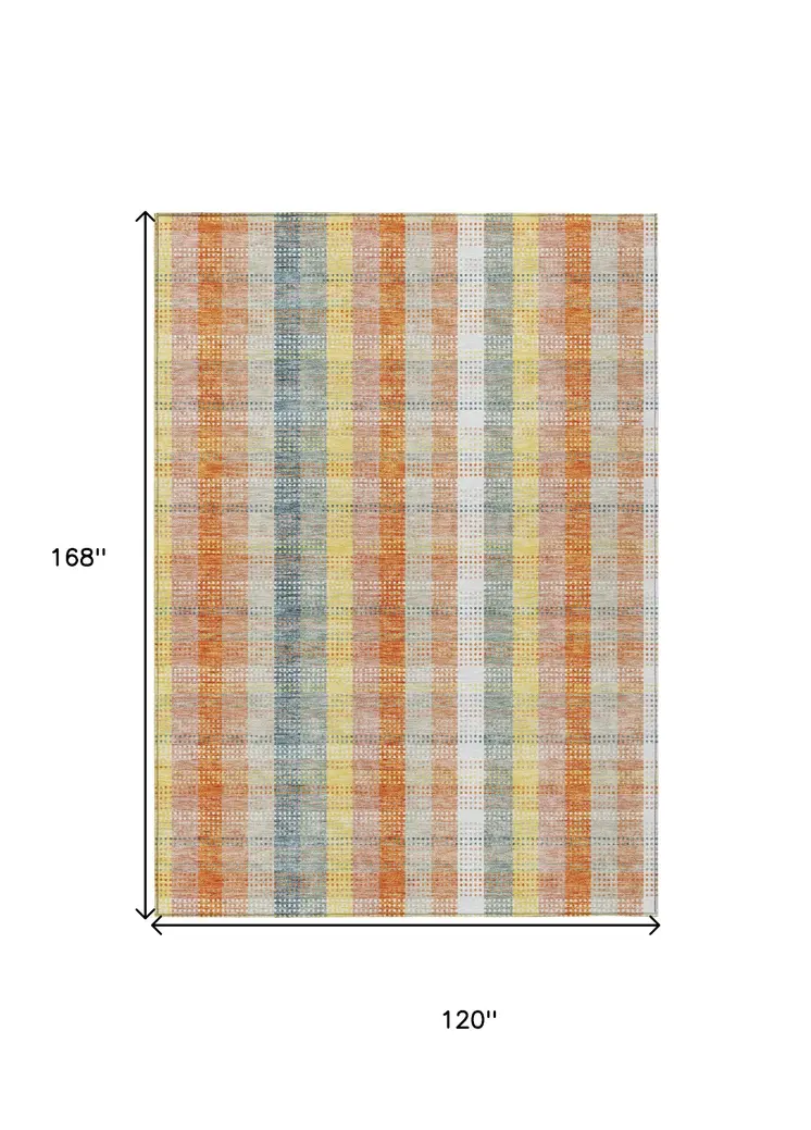10' X 14' Peach Ivory And Orange Plaid Washable Indoor Outdoor Area Rug