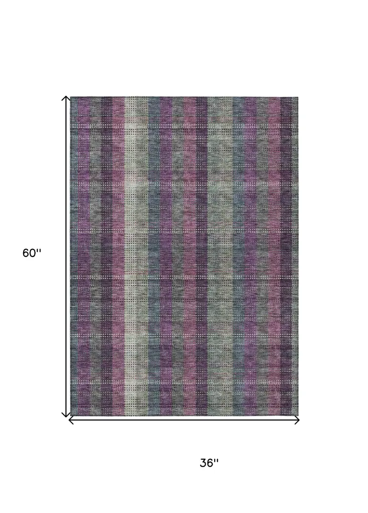 3' X 5' Plum Eggplant And Gray Plaid Washable Indoor Outdoor Area Rug