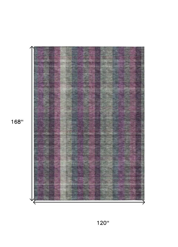 10' X 14' Plum Eggplant And Gray Plaid Washable Indoor Outdoor Area Rug