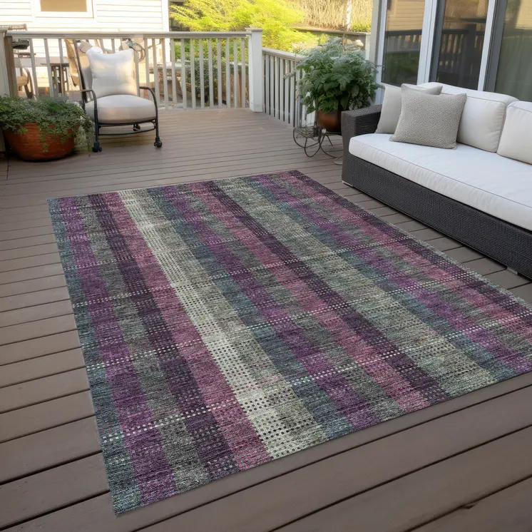 10' X 14' Plum Eggplant And Gray Plaid Washable Indoor Outdoor Area Rug