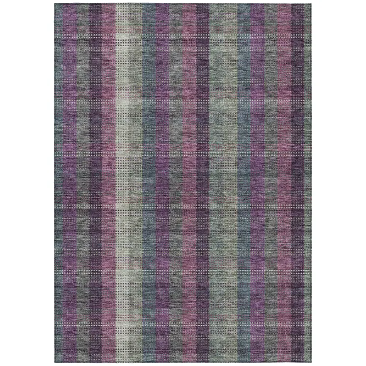 10' X 14' Plum Eggplant And Gray Plaid Washable Indoor Outdoor Area Rug